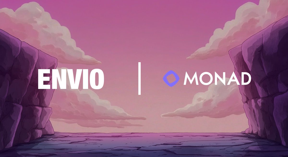 Envio and Monad partnership banner with both logos side by side on a stylised cliff backdrop