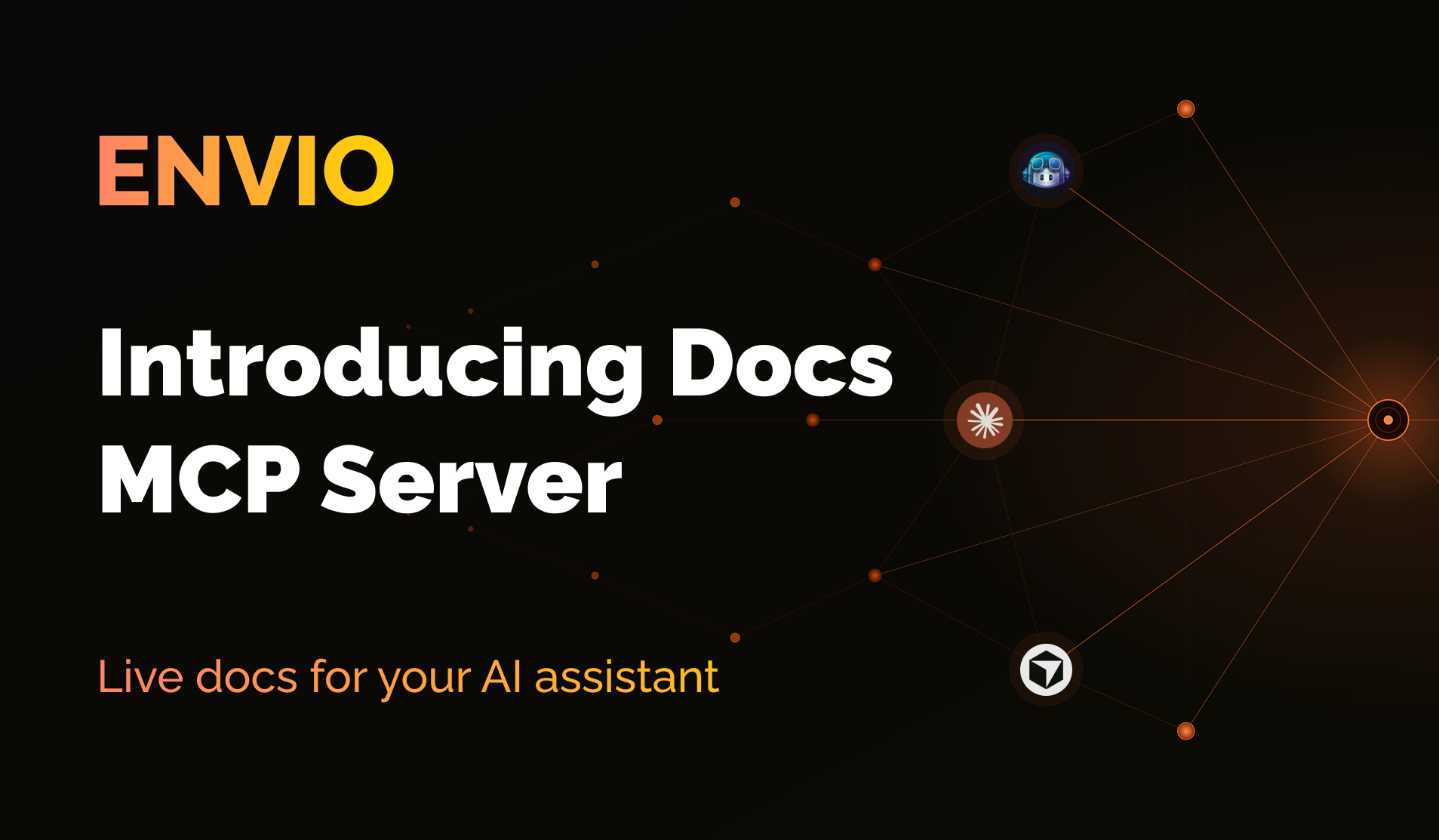 Envio banner titled 'Introducing Docs MCP Server' with subtitle 'Live docs for your AI assistant' and AI assistant logos linked to a central node