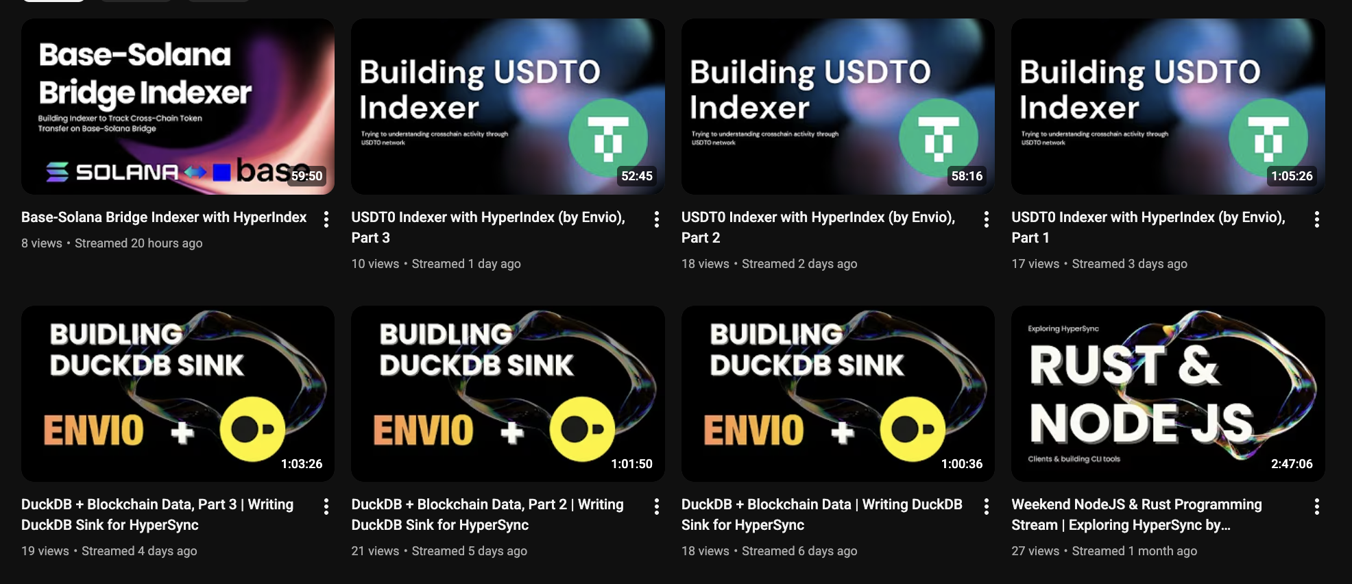 YouTube thumbnail grid of Decypted Bytes streams covering the Base-Solana Bridge Indexer, USDT0 Indexer with HyperIndex, and DuckDB Sink for HyperSync