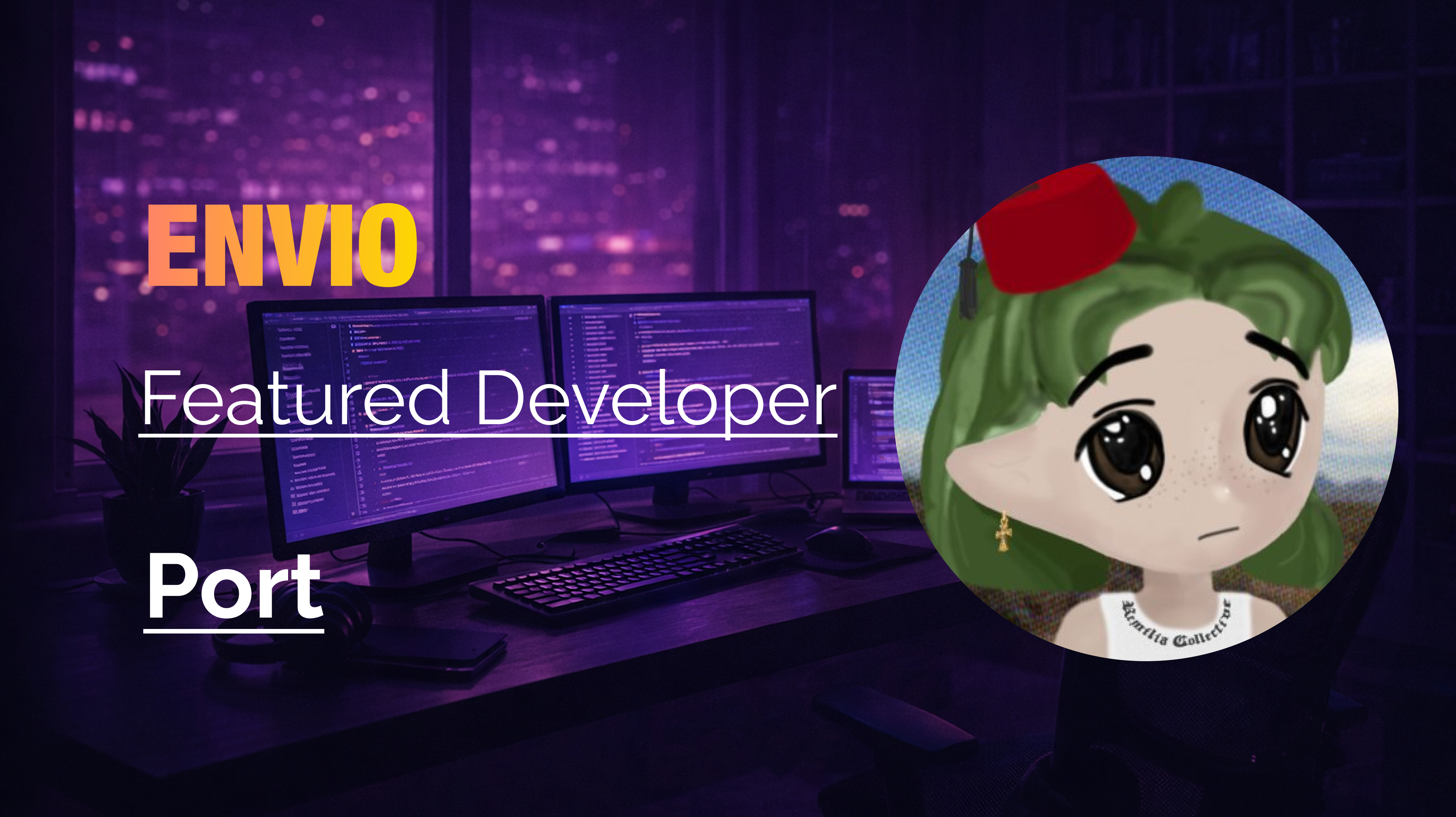 Envio Featured Developer banner for Port, with their avatar over a desk setup with multiple monitors