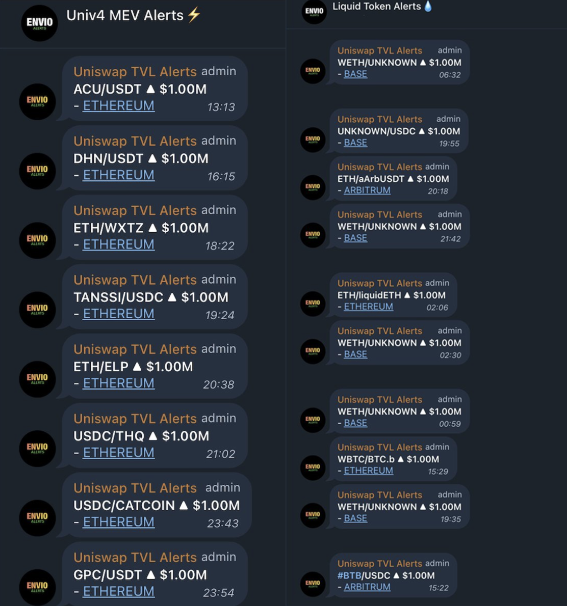 Telegram feeds for the Uniswap v4 MEV Alerts and Liquid Token Alerts bots posting $1M TVL pool alerts
