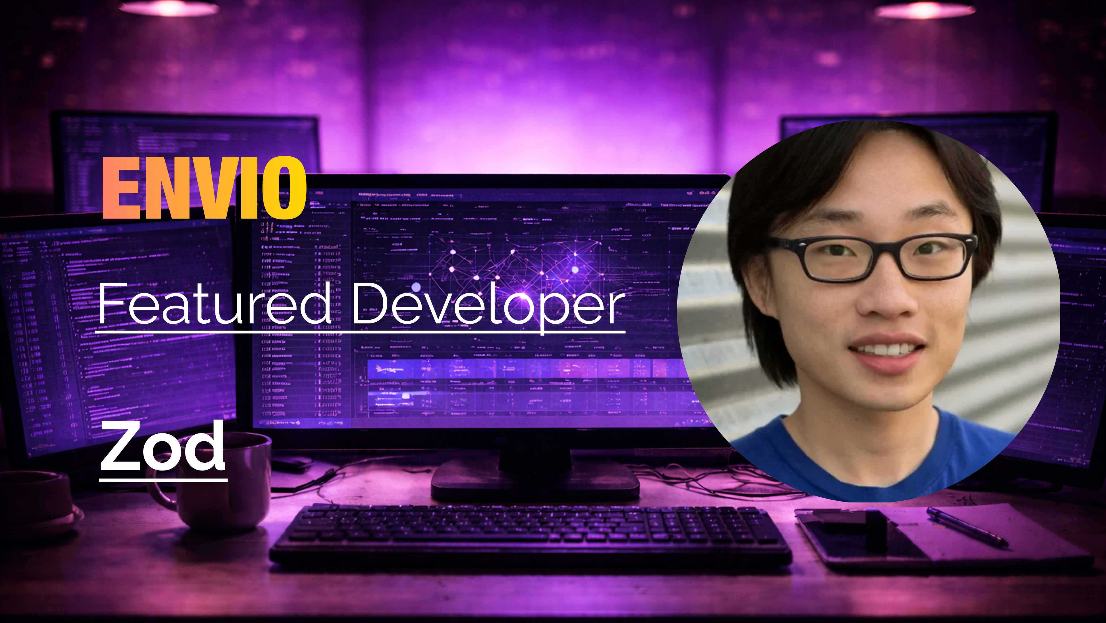Envio Featured Developer banner for Zod with a portrait photo over a purple developer workstation backdrop