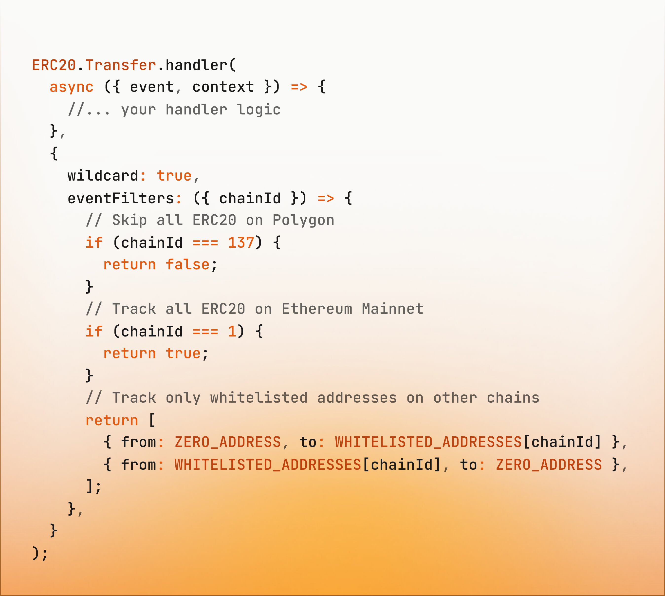 ERC20.Transfer handler code using eventFilters with chainId to skip Polygon, track all on Ethereum Mainnet, and whitelist addresses on other chains
