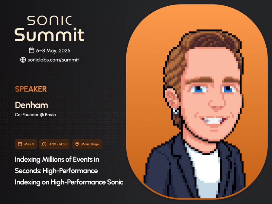 Sonic Summit speaker card for Envio co-founder Denham Preen, talk titled Indexing Millions of Events in Seconds