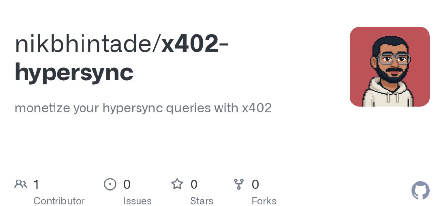 GitHub repo card for nikbhintade/x402-hypersync with the description monetize your hypersync queries with x402