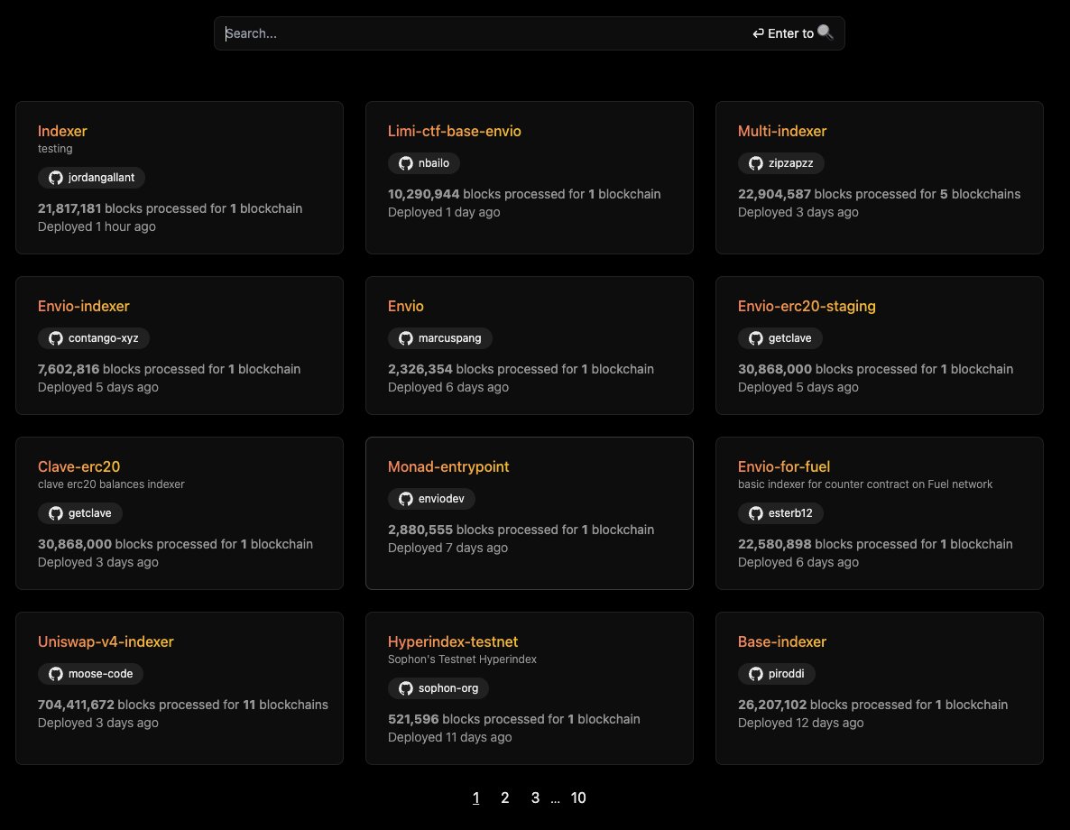 Envio Explorer with a new search bar above a grid of indexer cards showing block counts and deploy times