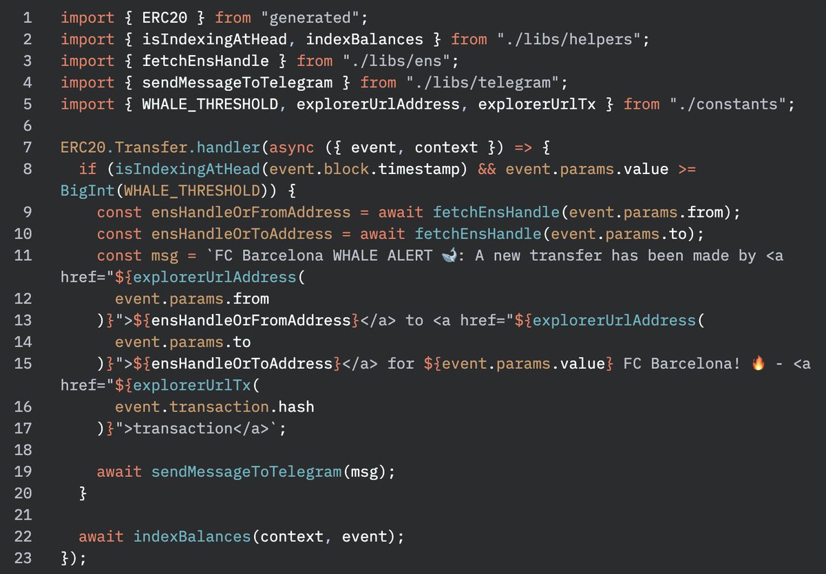 ERC20 Transfer handler code that sends an FC Barcelona whale alert to Telegram when a transfer exceeds a threshold