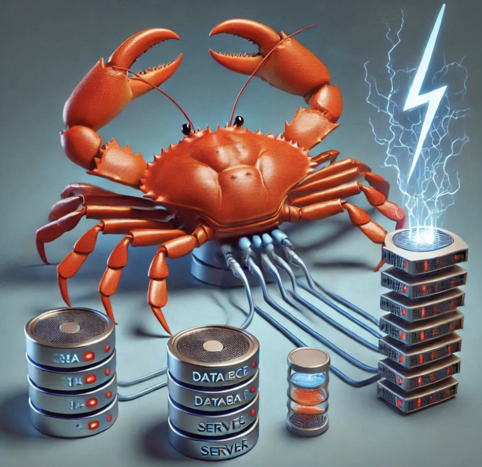 Stylised illustration of a Rust crab connected to database servers, representing indexing contract events with HyperSync