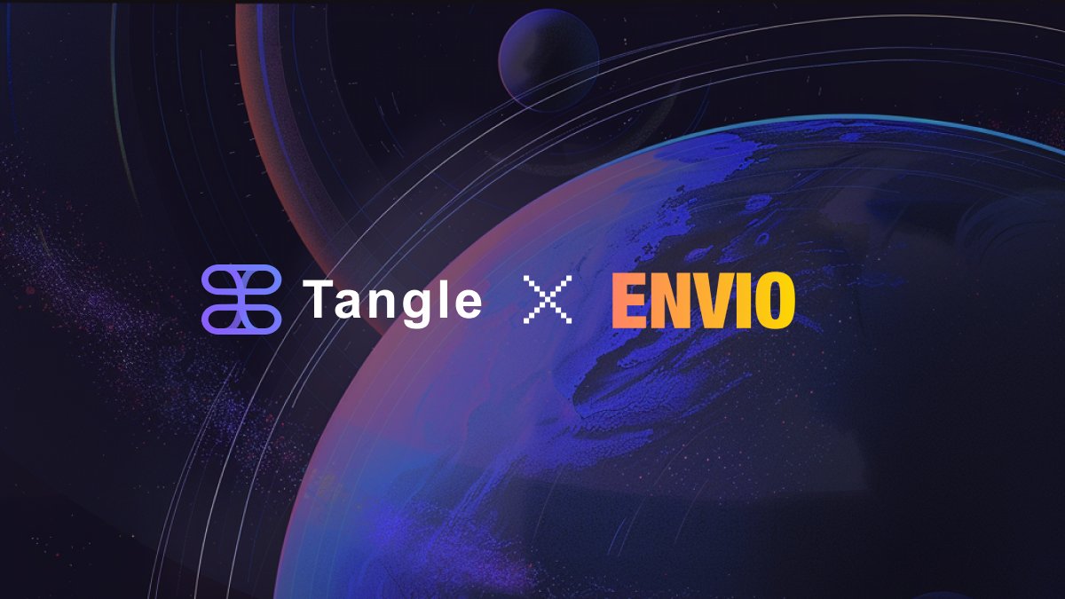 Tangle x Envio partnership banner with planets and rings background