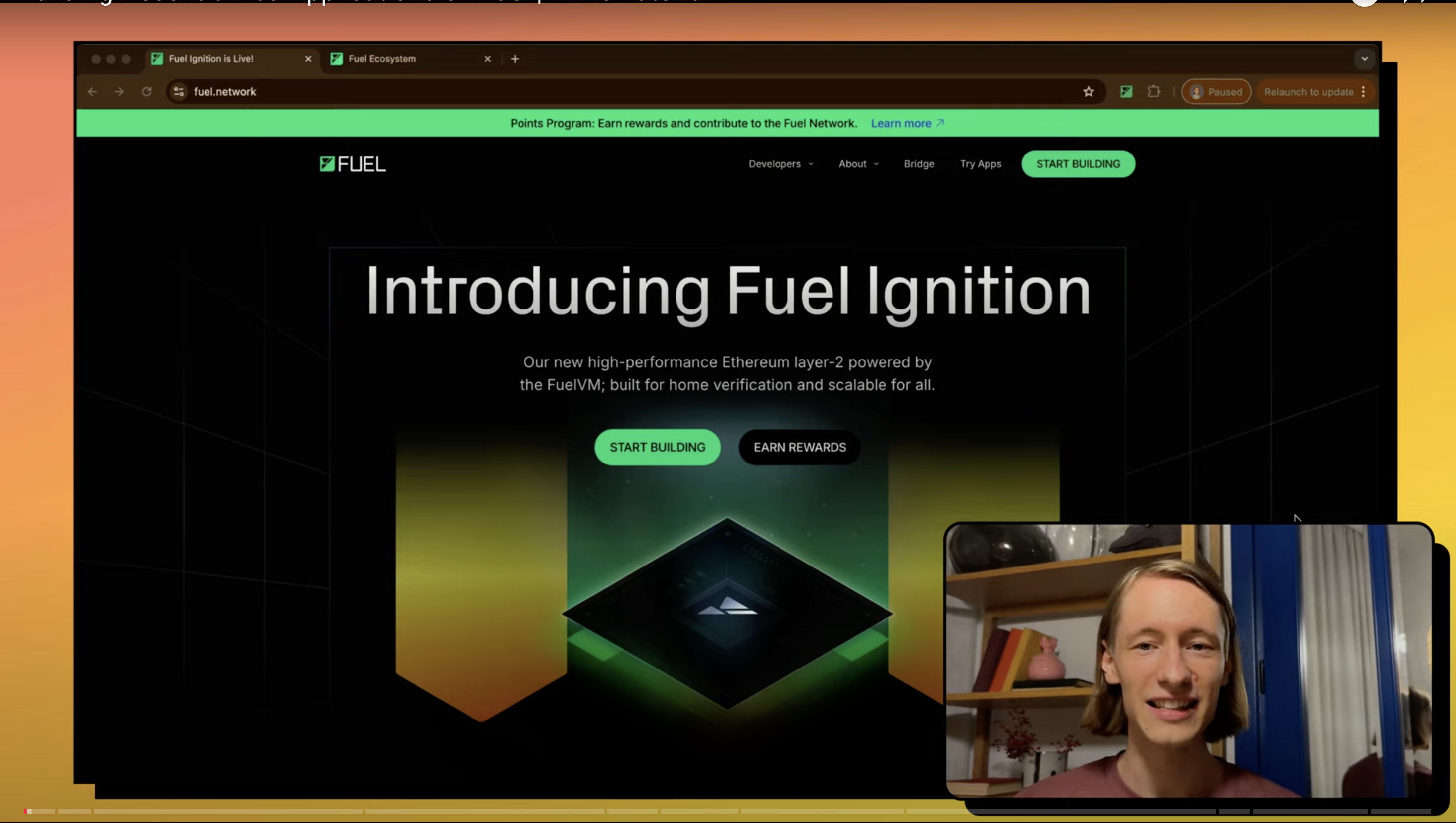 Video tutorial screenshot showing the Introducing Fuel Ignition page with a presenter in the corner