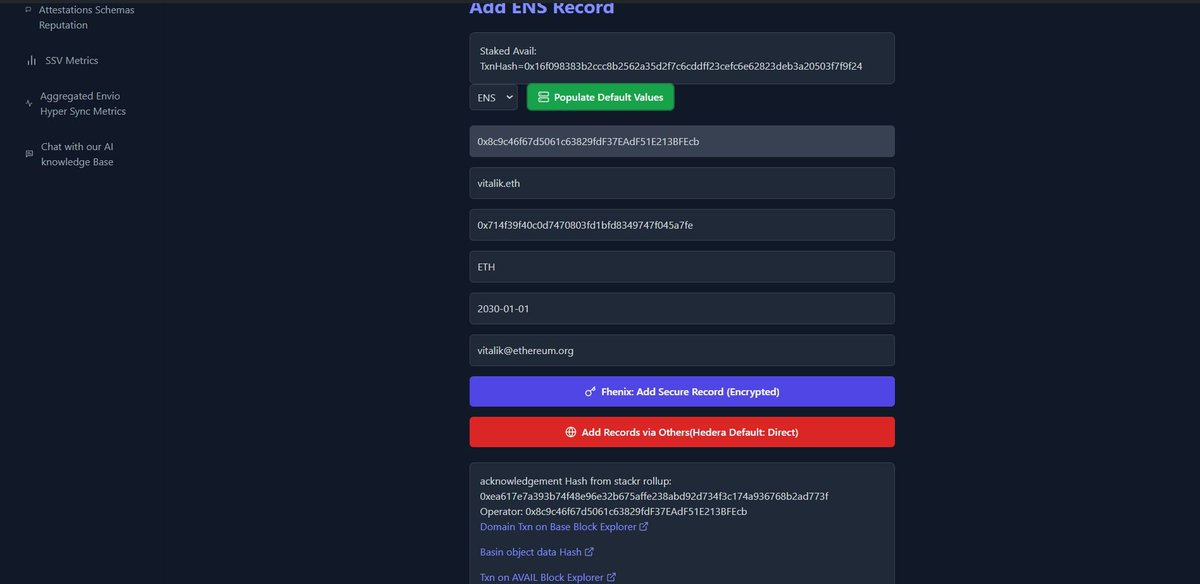 ZkDNS 'Add ENS Record' form with fields for staking, ENS name, ETH address, and expiry date for vitalik.eth