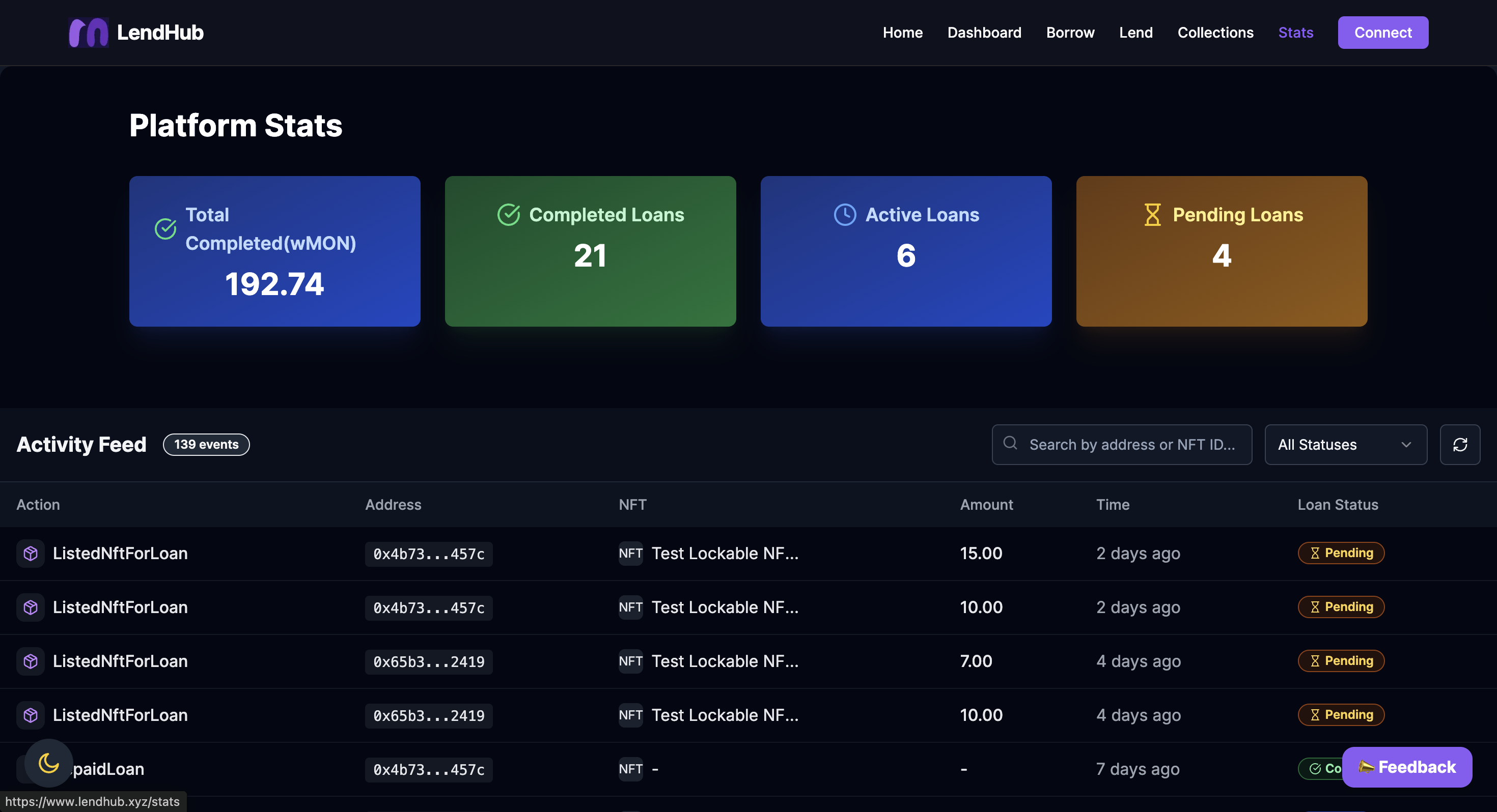LendHub Platform Stats page showing Total Completed (wMON) 192.74, 21 Completed Loans, 6 Active Loans, 4 Pending Loans, and an activity feed