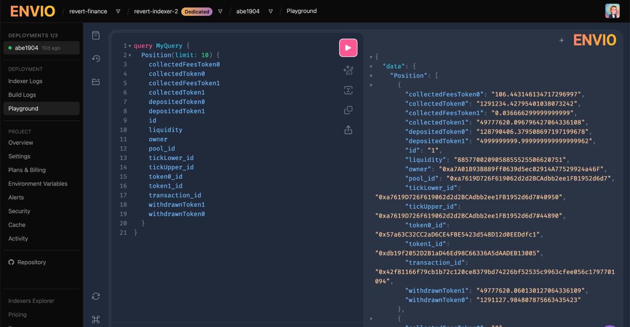 Envio Cloud GraphQL playground showing a Position query and JSON response for the revert-indexer-2 deployment