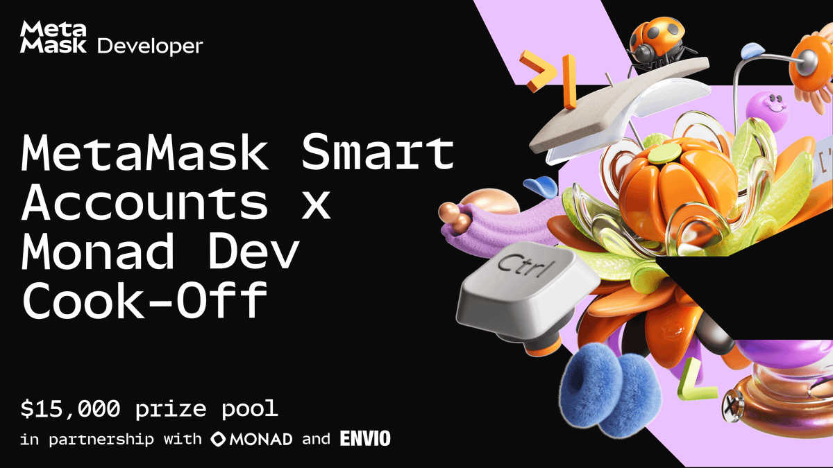 MetaMask Smart Accounts x Monad Dev Cook-Off hackathon banner with a $15,000 prize pool in partnership with Monad and Envio