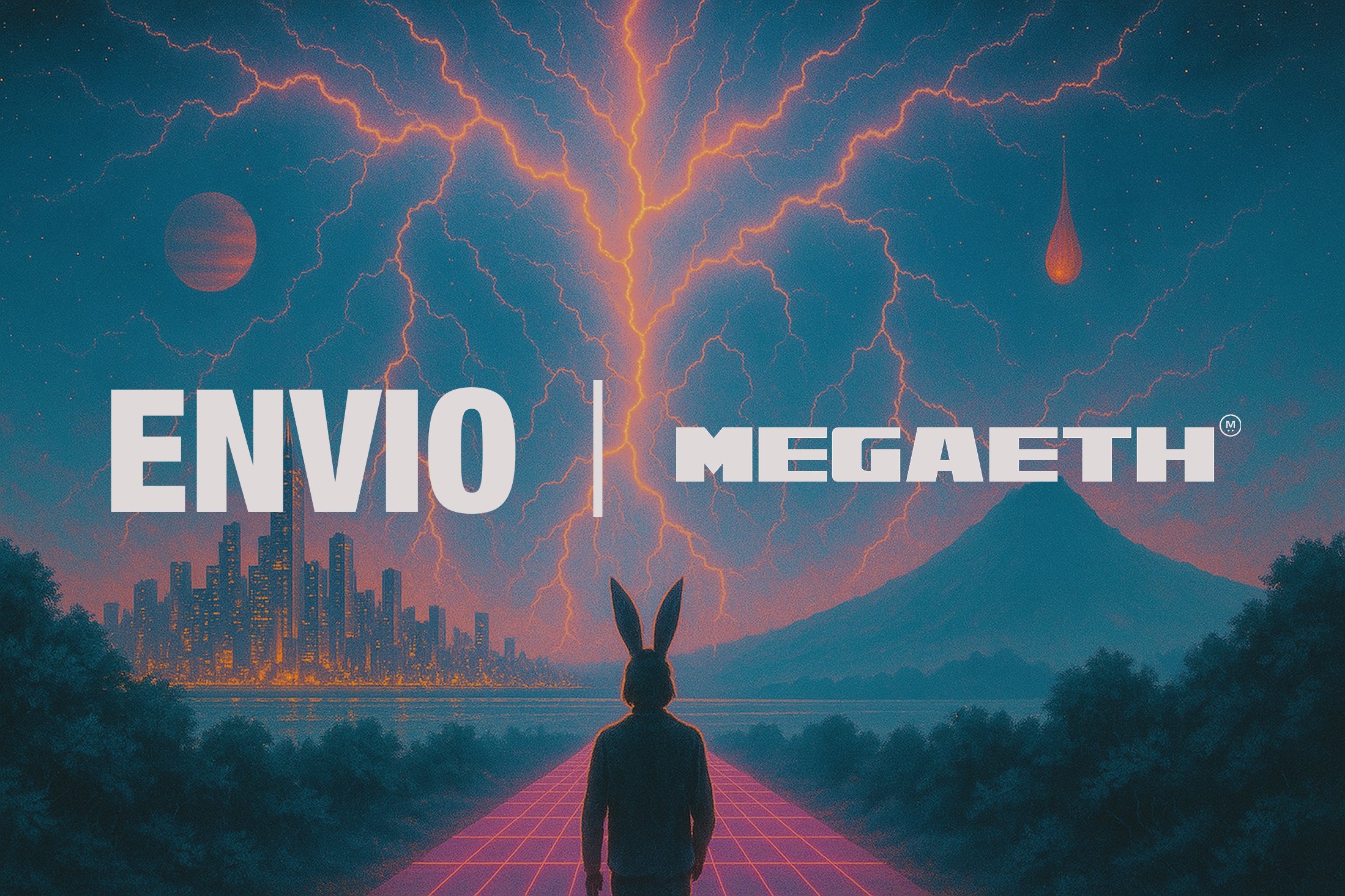Envio and MegaETH co-branded artwork with a hooded figure facing a glowing skyline and lightning sky