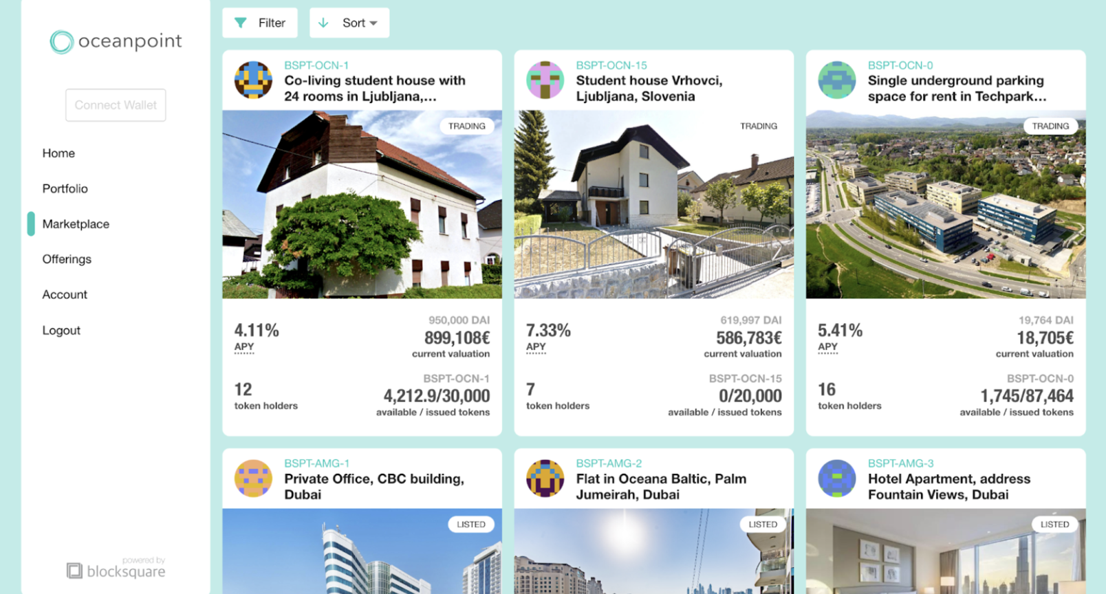 Oceanpoint real estate marketplace listing tokenized properties in Ljubljana, Dubai, and Techpark with APY, valuation, and token holder counts